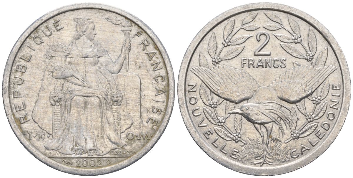 Французская Новая Каледония 2 франка 2002 птица кагу, (IEOM) KM 14, Schoen 11, Lec 68g алюминий    25-1032