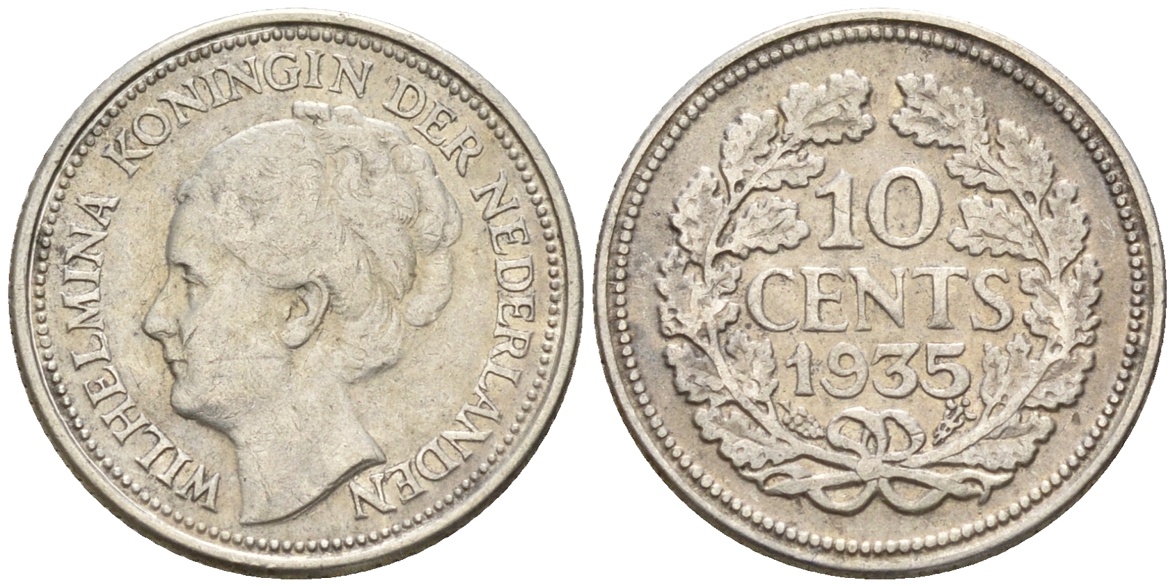 Нидерланды 10 центов 1935 Вильгельмина I (1890-1948) КМ 163 серебро 4160-1236