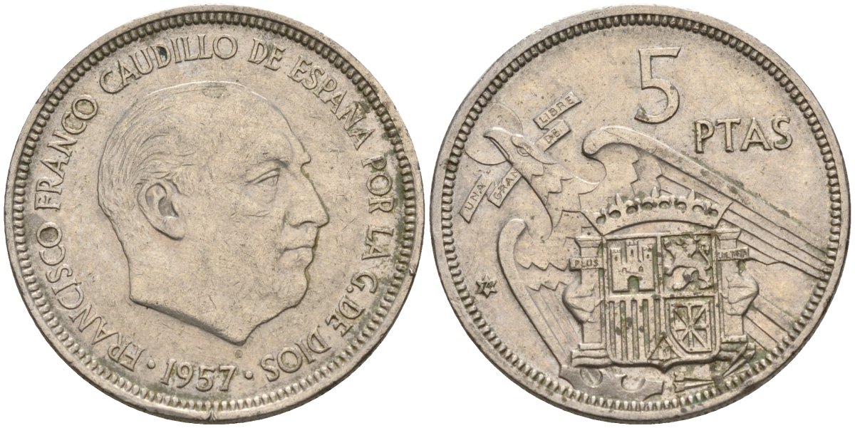 Испания 5 песет 1957 (74) Франсиско Франко (1939 - 1975) KM 786 медно-никель 4155-615