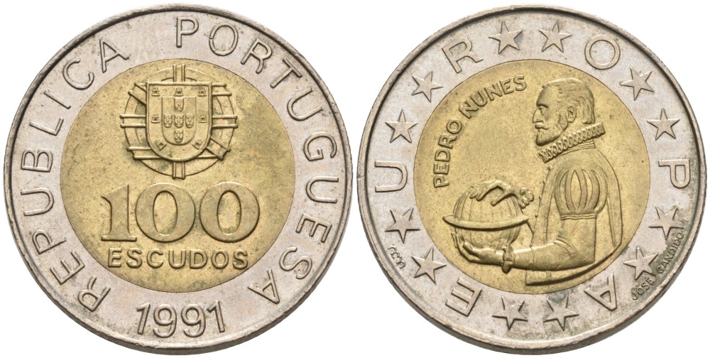 Португалия 100 эскудо 1991 Педру Нуниш (1502-1578), математик KM 645.1 биметалл 261-311