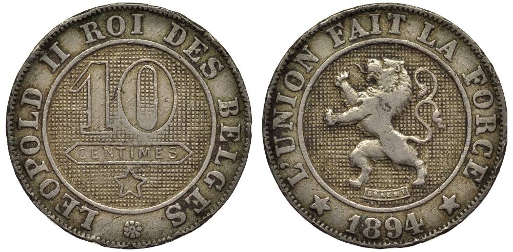 БЕЛЬГИЯ 10 САНТИМОВ 1894 BELGES, ЛЕОПОЛЬД II (1865-1909) KM 42 медно-никель 27-854