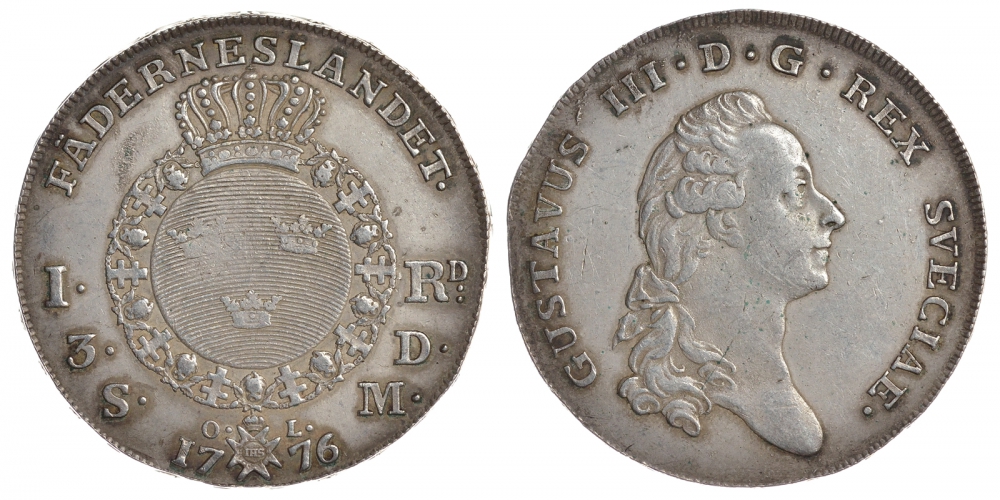 Швеция 1 риксдалер 1776 KM 514, Dav. 1735 серебро 00-000-00