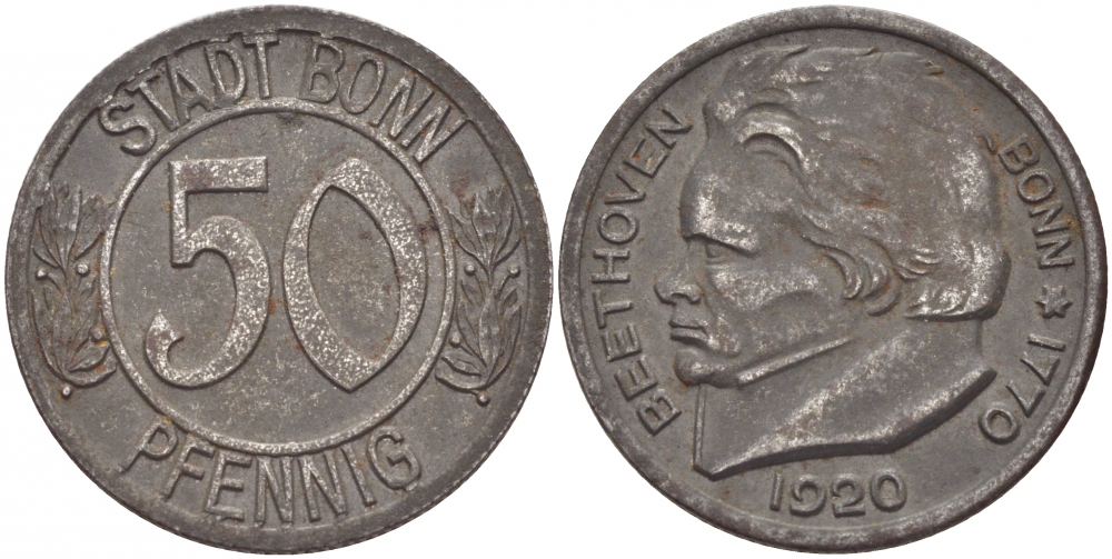 Германия, Бонн 10 пфеннигов 1920 Бетховен, Северный Рейн-Вестфалия, нотгельд Funck 51.1A железо 3856-1035