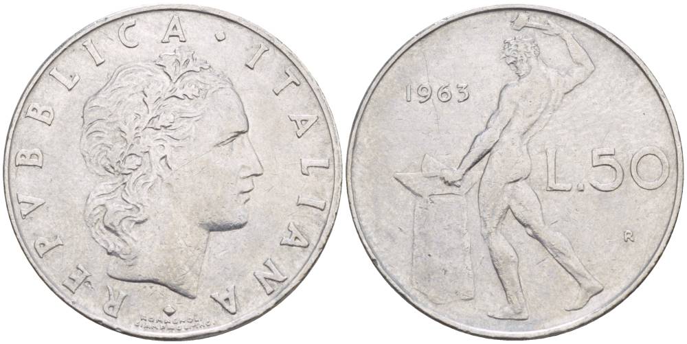 ИТАЛИЯ 50 ЛИР 1963 R, БОГ ОГНЯ ВУЛКАН У НАКОВАЛЬНИ KM 95.1 нержавеющая сталь 4551-343