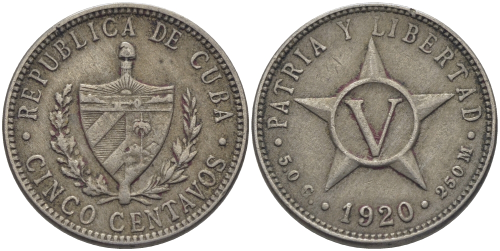 Куба 5 сентаво 1920 звезда, республика (1915-1961) KM 11.1, Y 5, Schoen 5 медно-никель 84-821