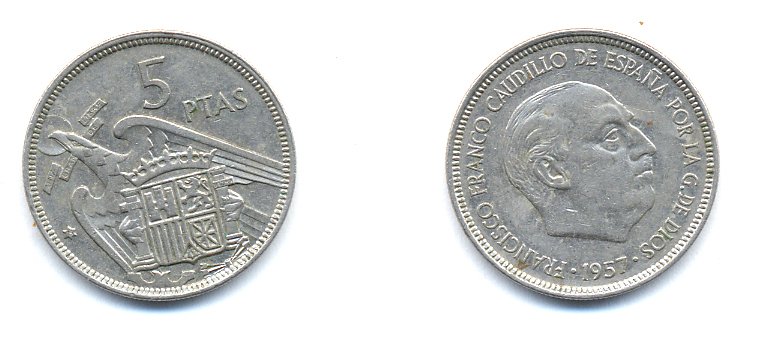 Испания 5 песет 1957 (75) Франциско Франко (1939-1975) KM 786 медно-никель 54-1621