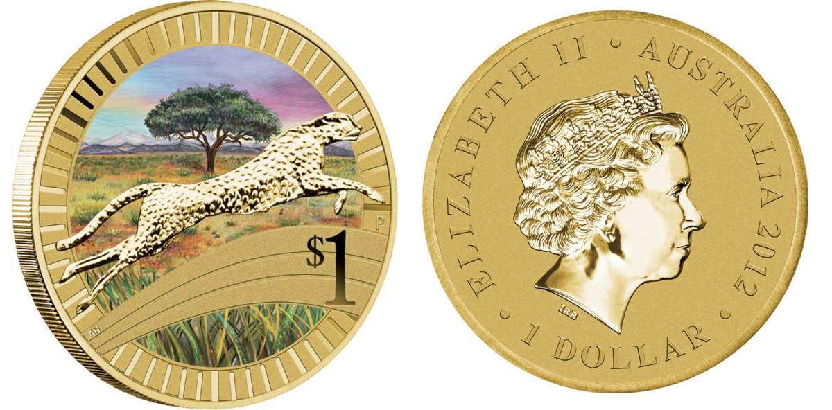Австралия 1 доллар 2012 серия животные спортсмены, гепард, цветная эмаль KM 1809 алюминиевая бронза UNC 00-00
