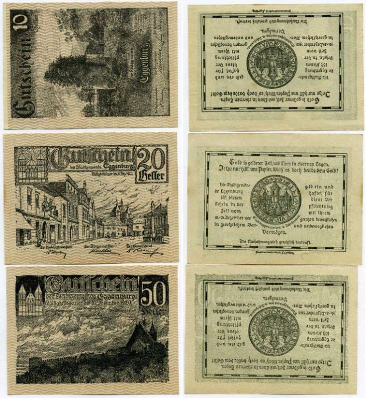 Австрия, Эггенбург набор из 3 банкнот 10, 20, 50 геллеров 1920 15-31 декабря 1920, нотгельд, земля Нижняя Австрия   бумага  UNC (пресс) 7555-25-1-2