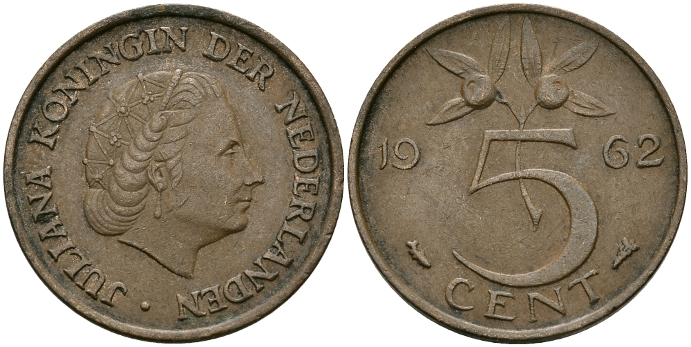 НИДЕРЛАНДЫ 5 ЦЕНТОВ 1962 ЮЛИАНА KM 181 бронза 95-354