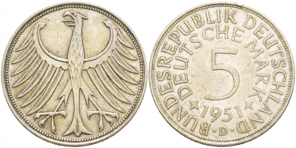 ФРГ 5 марок 1951 D, KM 112.1, J.387 серебро 3996-412