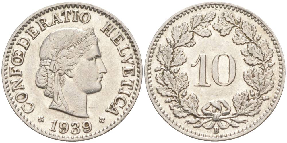 Швейцария 10 раппенов 1939 B KM 27b никель     201-424