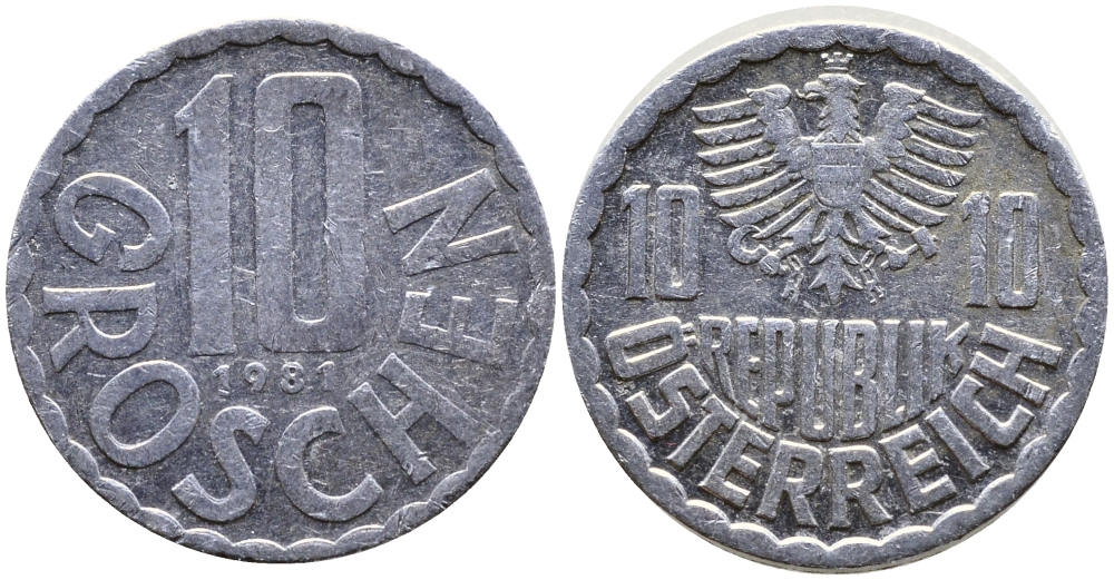 АВСТРИЯ 10 ГРОШЕЙ 1981 KM 2878 алюминий 26-646