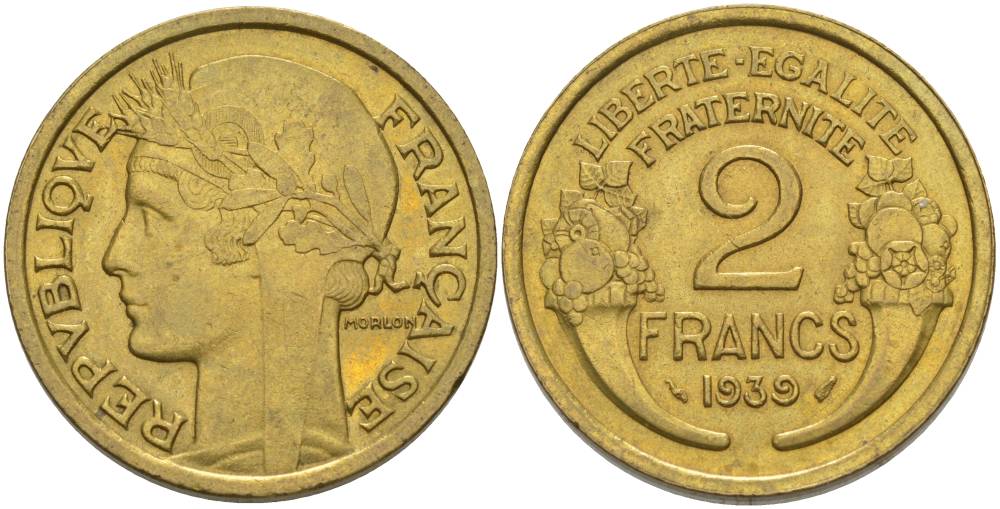 ФРАНЦИЯ 2 ФРАНКА 1939 ТИП MORLON KM 886, LE FRANC 268.12 алюминиевая бронза 3855-126
