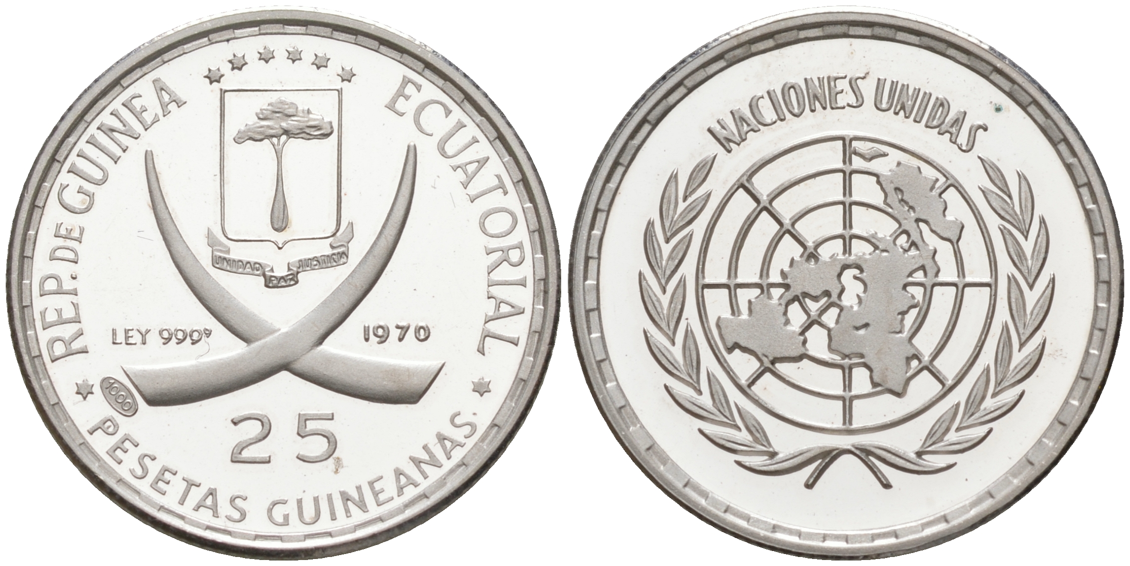 Экваториальная Гвинея 25 песет 1970 Организация Объединённых Наций KM 6 серебро PROOF 1523-424