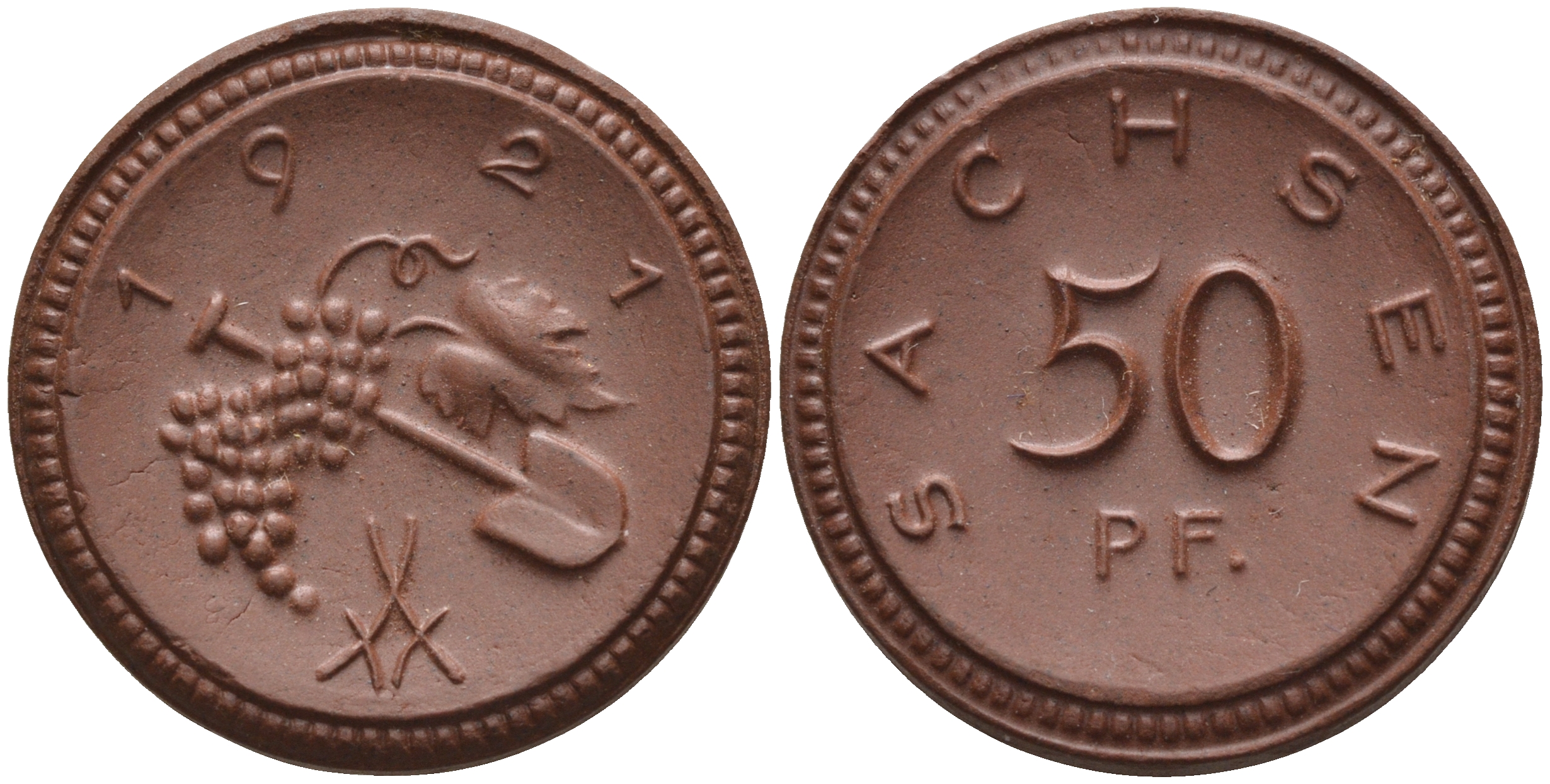 Саксония 50 пфеннигов 1921 виноград и лопата J. N 54 фарфор 1094-5-32