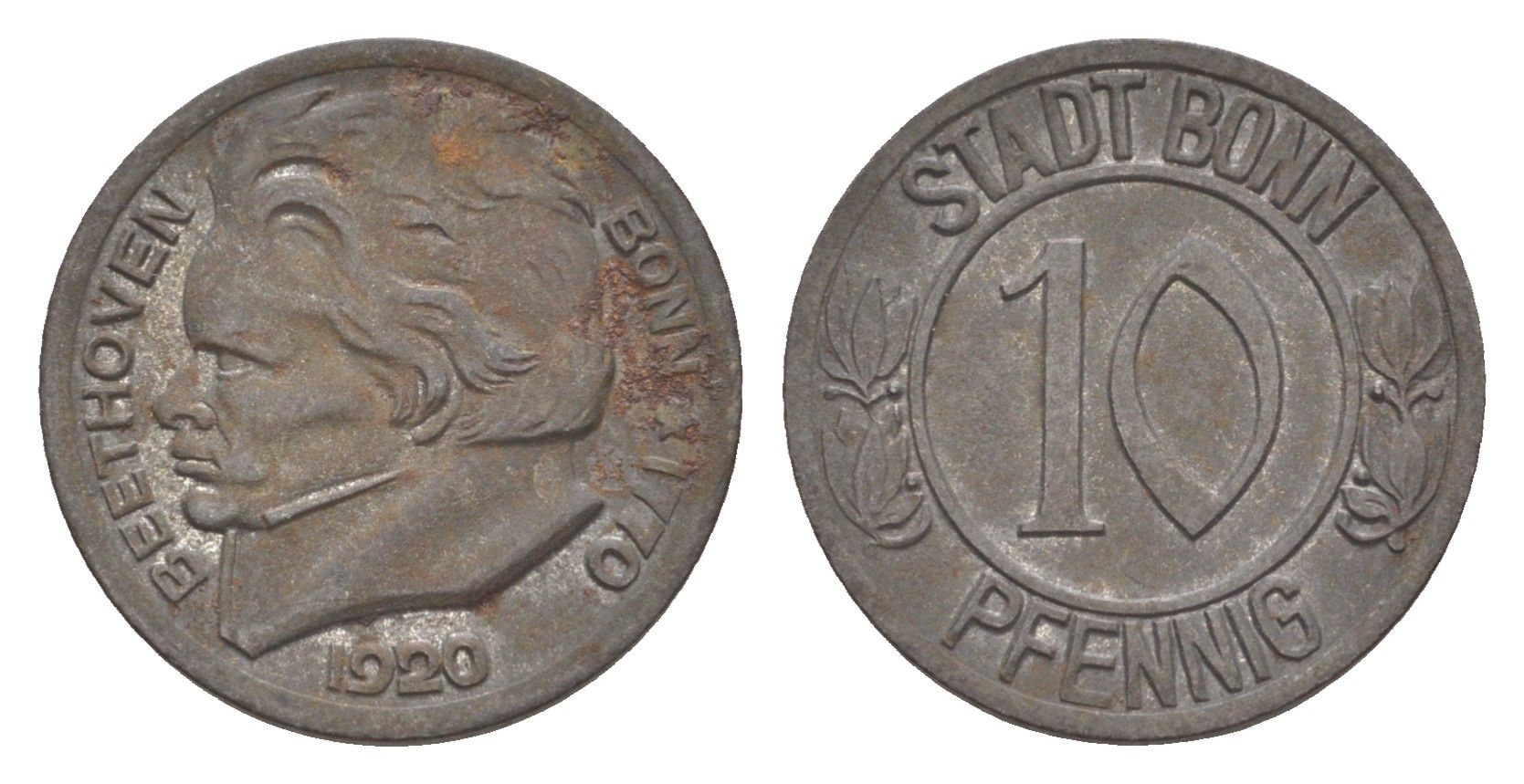 Бонн 10 пфеннигов 1920 Бетховен Funck 51.1A, Men05 3220.1, Men18 4134.1 железо 4643-1038