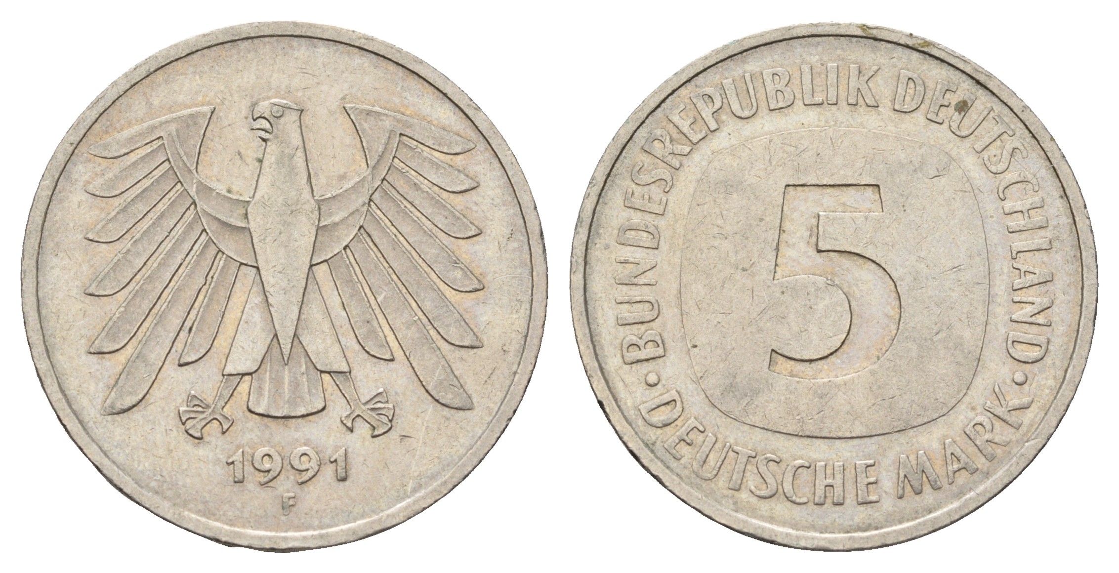 ФРГ 5 марок 1991 F KM 140.1, J.415 медно-никель 4531-613
