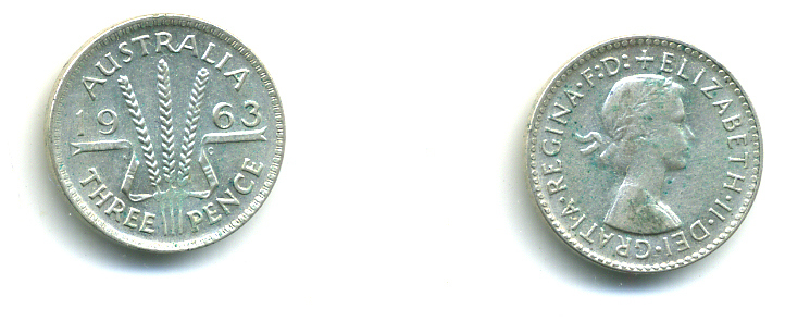 Австралия 3 пенса 1963 m, Елизавета II (1952-2022) KM 57 серебро 46-654