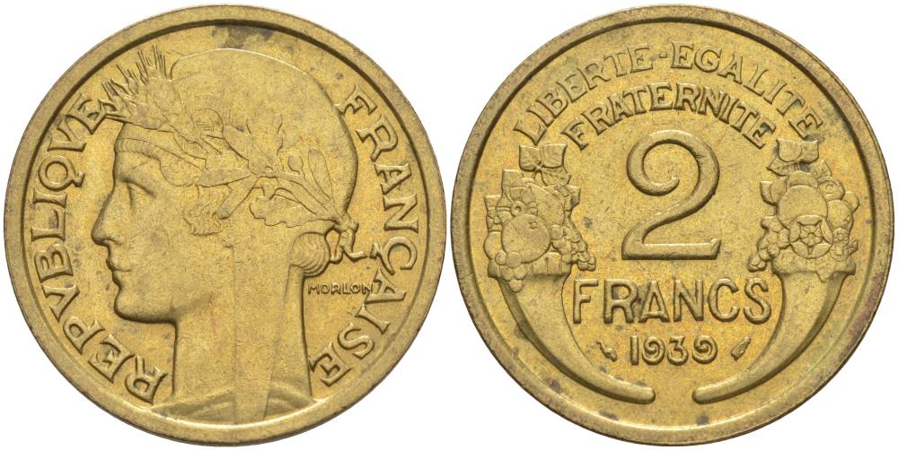 ФРАНЦИЯ 2 ФРАНКА 1939 ТИП MORLON KM 886, LE FRANC 268.12 алюминиевая бронза 3855-211
