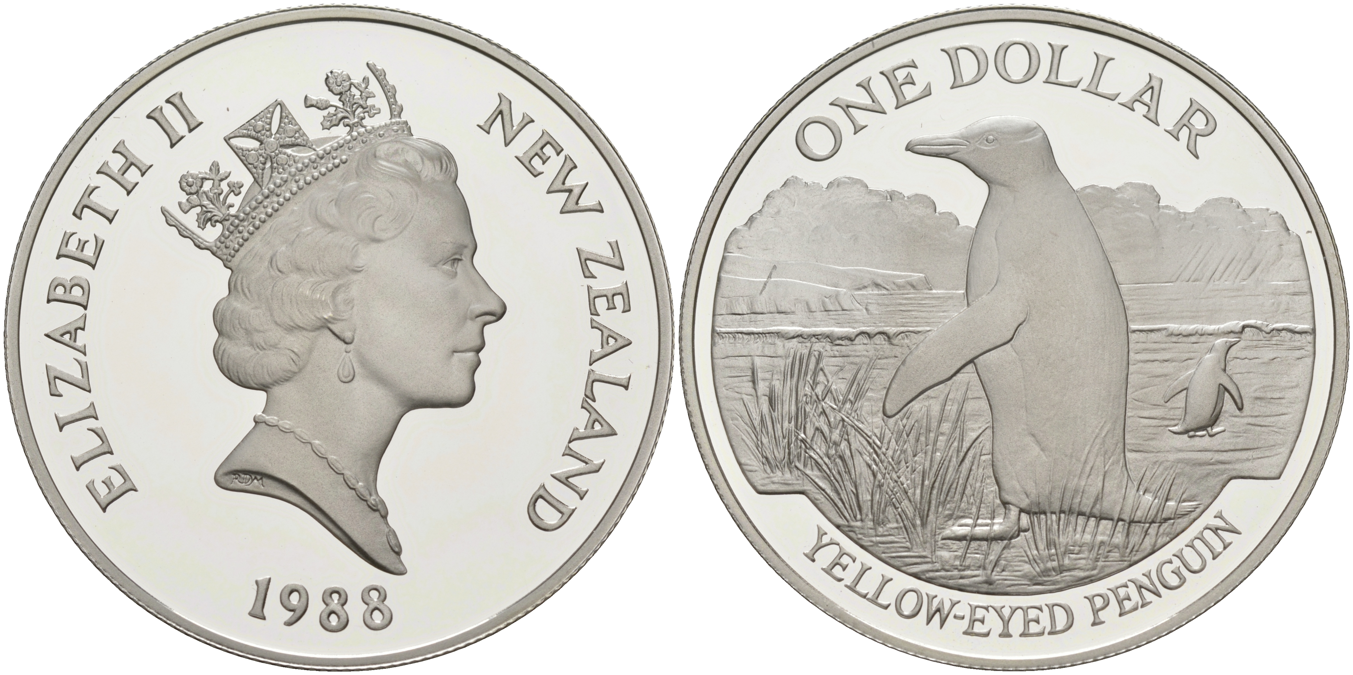 Новая Зеландия 1 доллар 1988 желтоглазый пингвин, Елизавета II (1952-2022) KM 66 a серебро PROOF 3-4-6-23