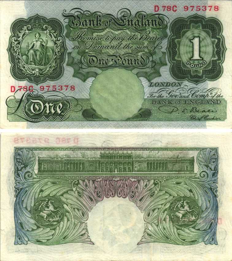 АНГЛИЯ 1 ФУНТ 1949-1955 ЗЕЛЕНЫЙ, ПОДПИСЬ ПОДПИСЬ P.S. BEALE Pick 369b бумага XF 7218-33-1