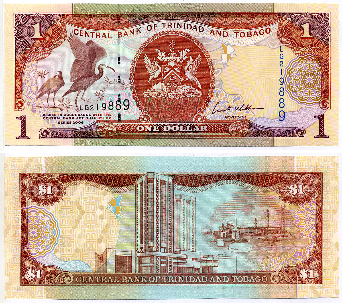 Тринидад и Тобаго 1 доллар 2006 подпись 8, номер синий, TDLR Pick 46 бумага UNC (пресс) 2197-15-2-2