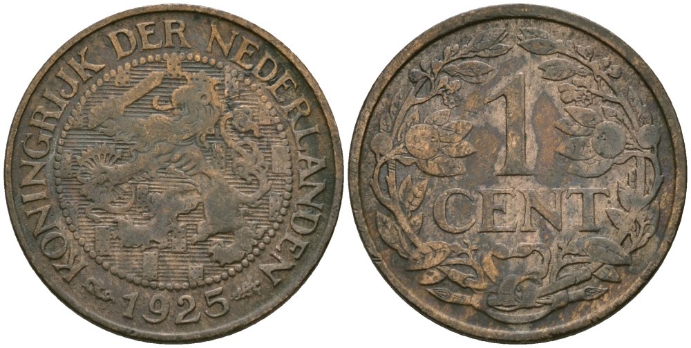 Нидерланды 1 цент 1925 Вильгельмина (1890-1948) KM 152 бронза 4576-1062