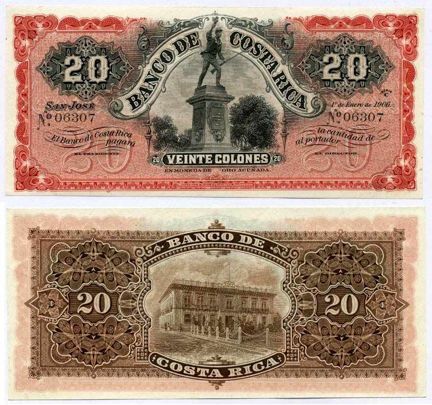 Коста-Рика 20 колонов 1906 лев Pick S179r бумага UNC (пресс) 00-000-00