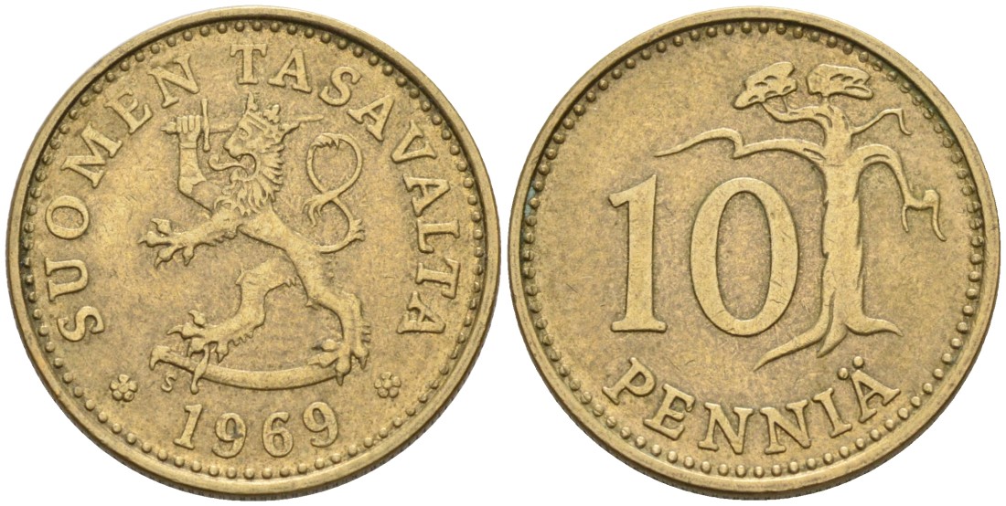 ФИНЛЯНДИЯ 10 ПЕННИ 1969 S KM 46 алюминиевая бронза 192-1033