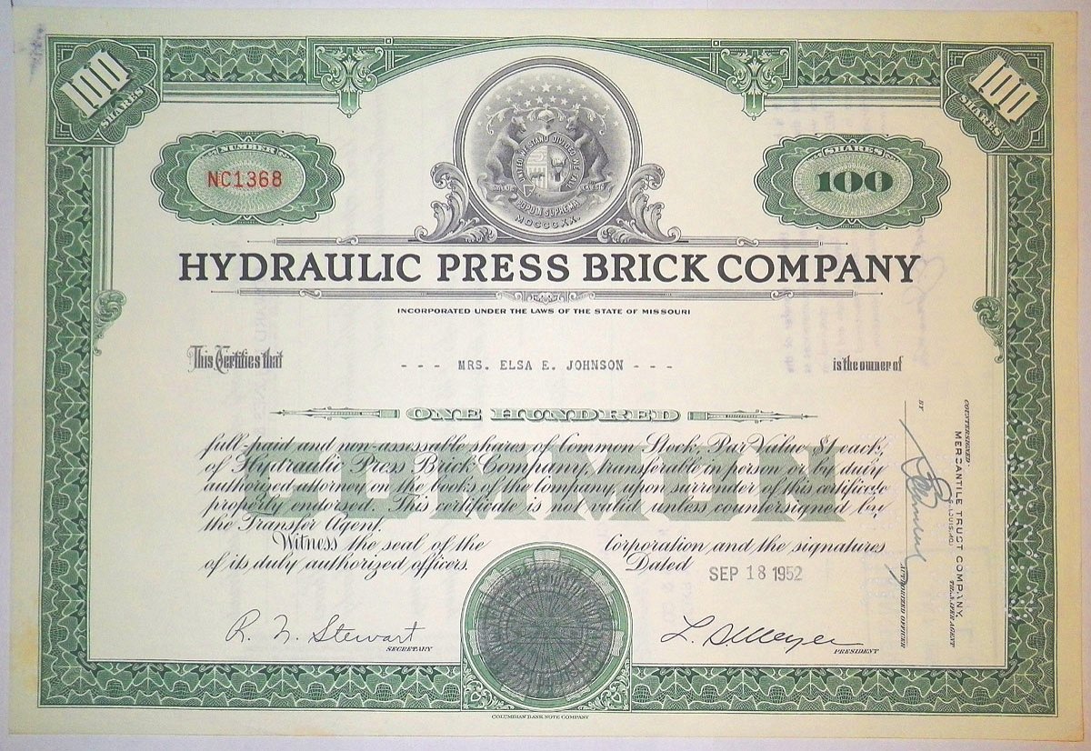 США, Hydraulic-Press Brick Company 100 акций 1952 бумага 8805-44-1
