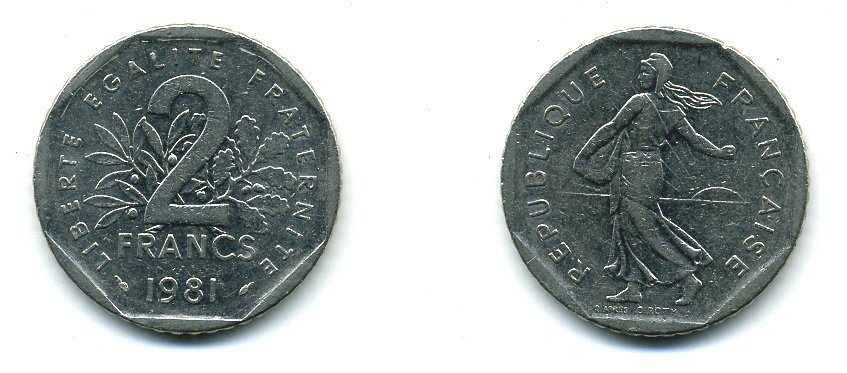 ФРАНЦИЯ 2 ФРАНКА 1981 СЕЯТЕЛЬ KM 942.1, LE FRANC 272.5 никель 25-2434