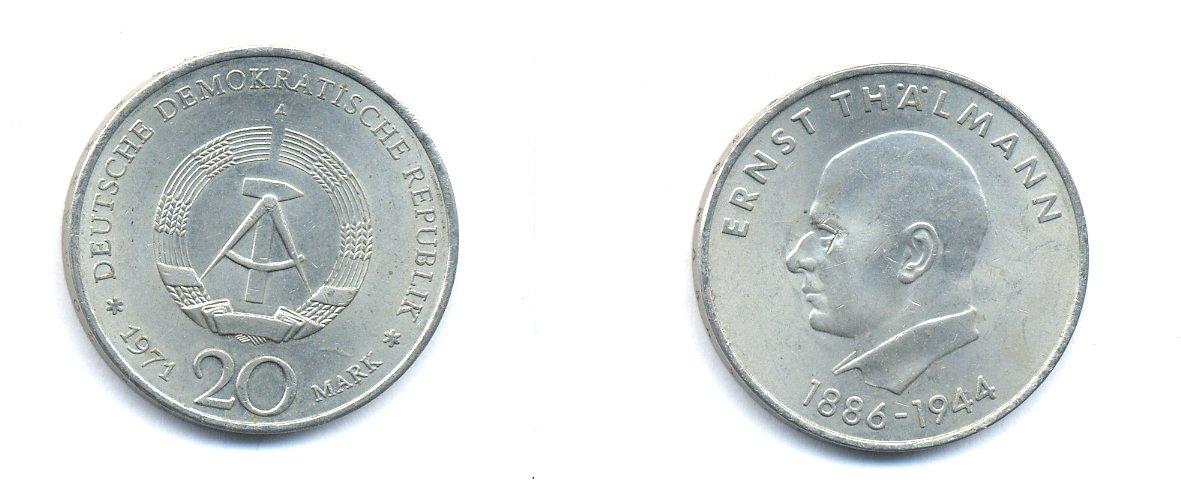 ГДР 20 марок 1971 A, 85 лет со дня рождения Эрнста Тельмана KM 34, J. 1535 медно-никель 3333-636