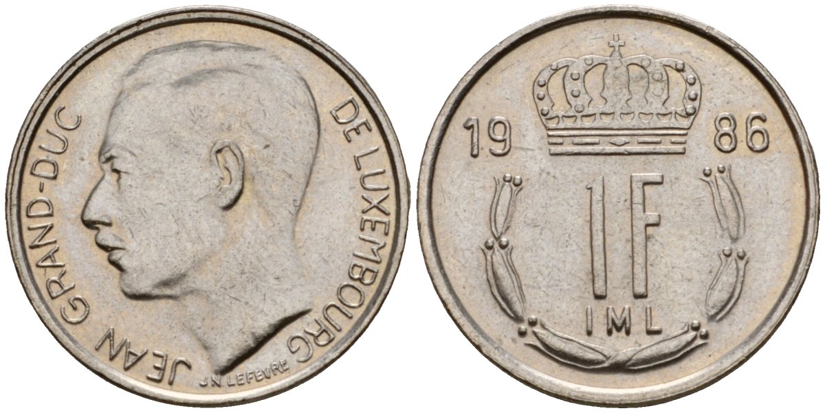 Люксембург 1 франк 1986 KM 63 сталь плакированная никелем 4575-725