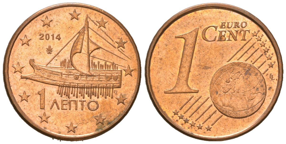 Греция 1 евроцент 2014 KM 181 сталь плакированная медью aUNC 4516-1057