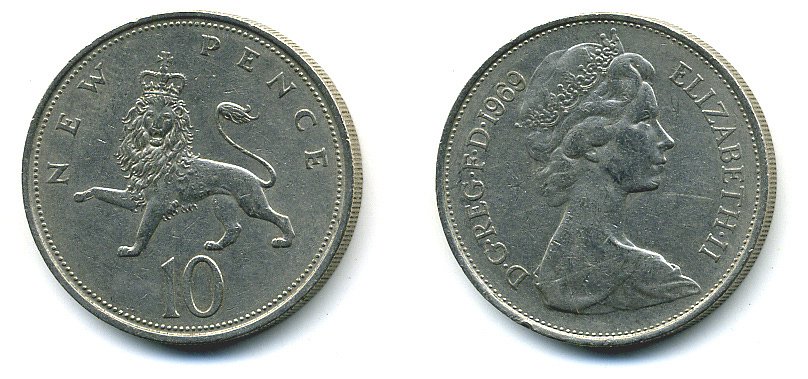 Великобритания 10 пенсов 1969 Елизавета II (1952-2022) KM 912, Spink 4231 (F1) медно-никель  4110-1213