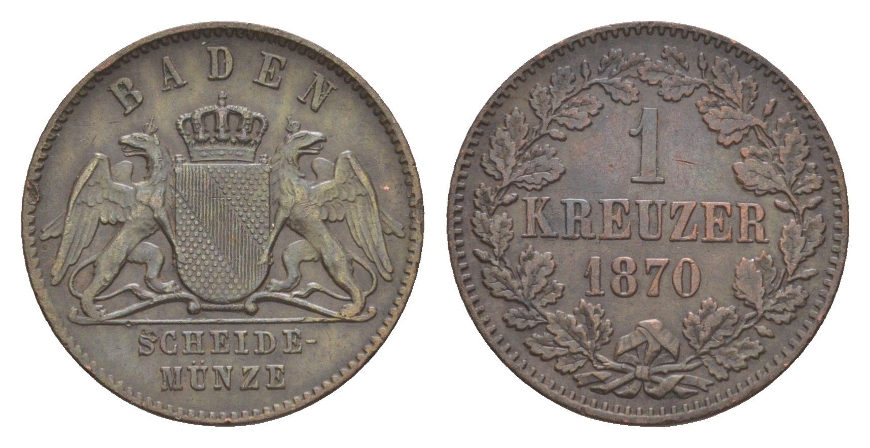 Баден 1 крейцер 1870 Фридрих I (1856-1907) KM 242 медь 4604-943