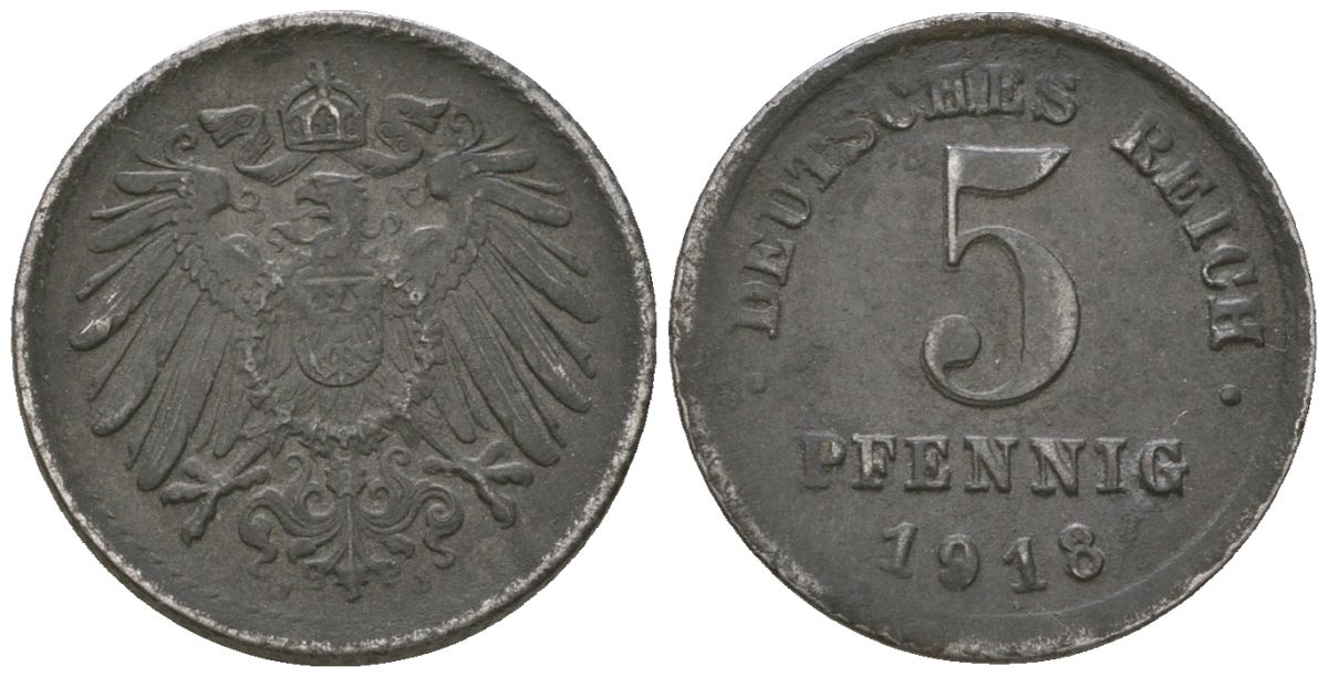 Германия 5 пфеннигов 1918 J, Вильгельм II (1888-1918) KM 19, AKS 17, J 297, Schon DM 20, Neum 33 железо 4588-365
