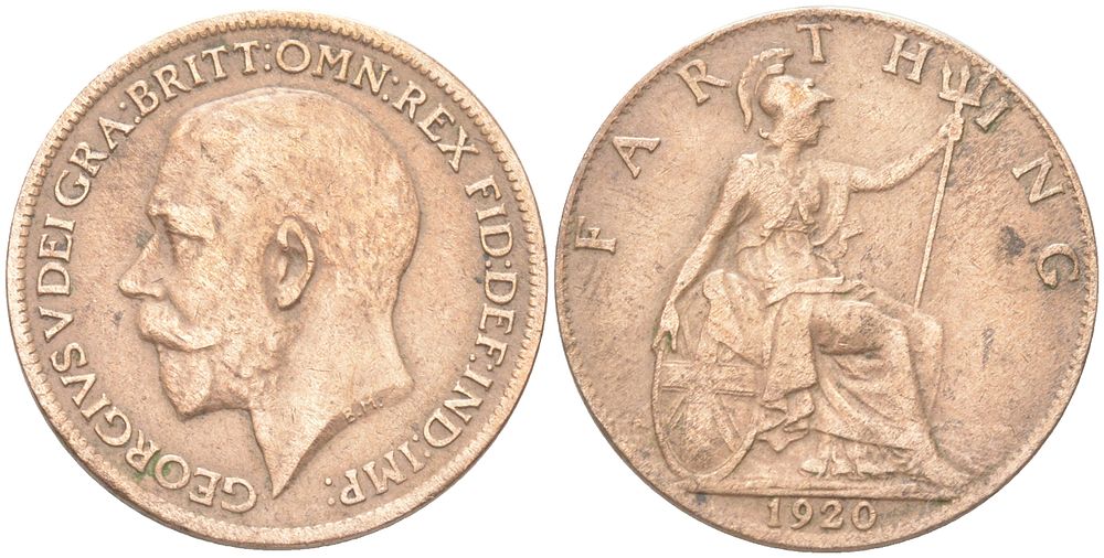 Великобритания 1 фартинг 1920 Георг V (1910-1936) KM 808.2, Spink 4060 бронза 4613-455