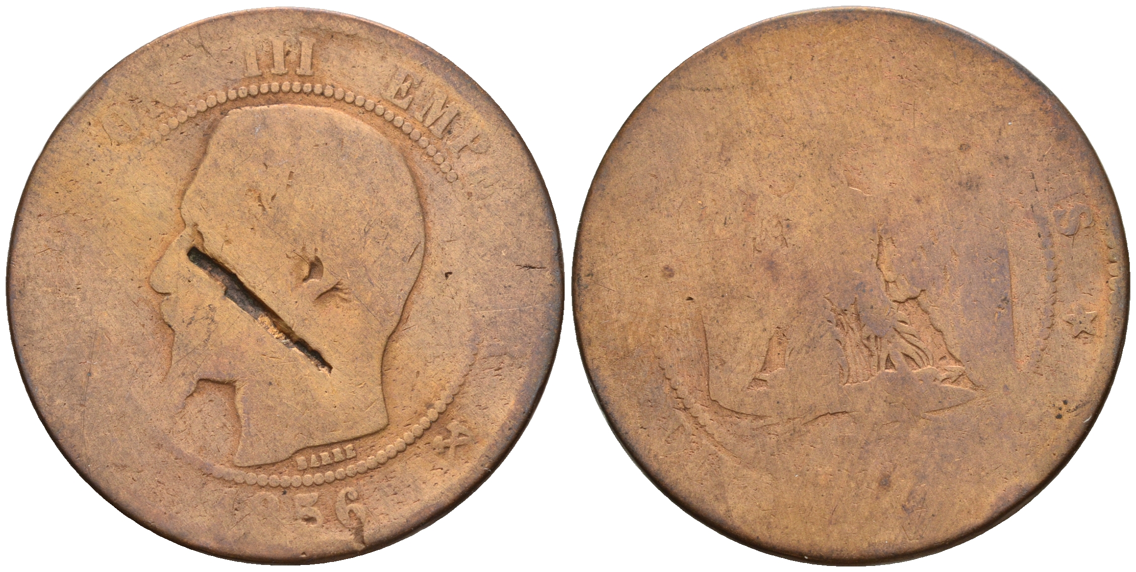 Франция 10 сантимов 1856 B, Наполеон III (1852-1870) KM 771.2, Le Franc 133.33 бронза 221-444
