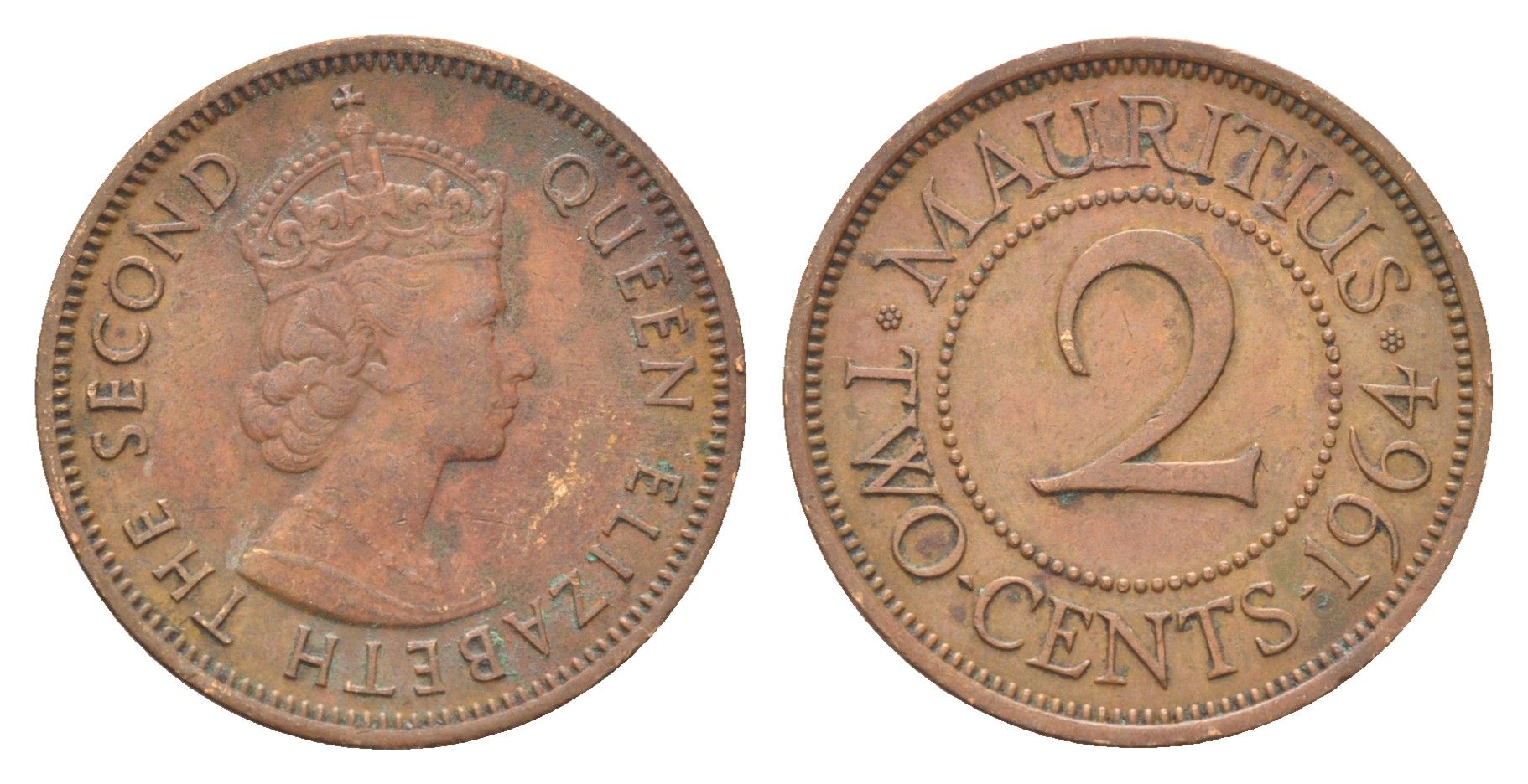 Маврикий 2 цента 1964 Елизавета II (1952-2022) KM 32 бронза 4706-723