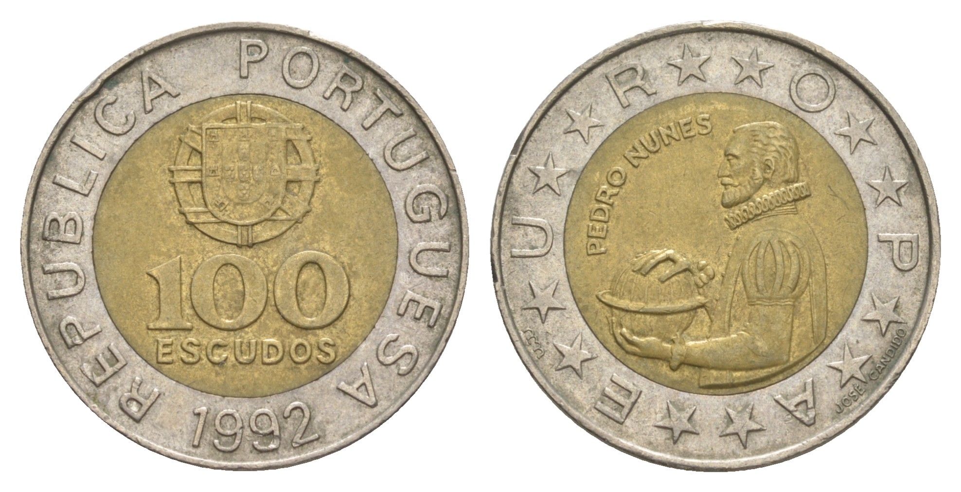 Португалия 100 эскудо 1992 Педру Нуниш (1502-1578), математик KM 645 биметалл 4390-756