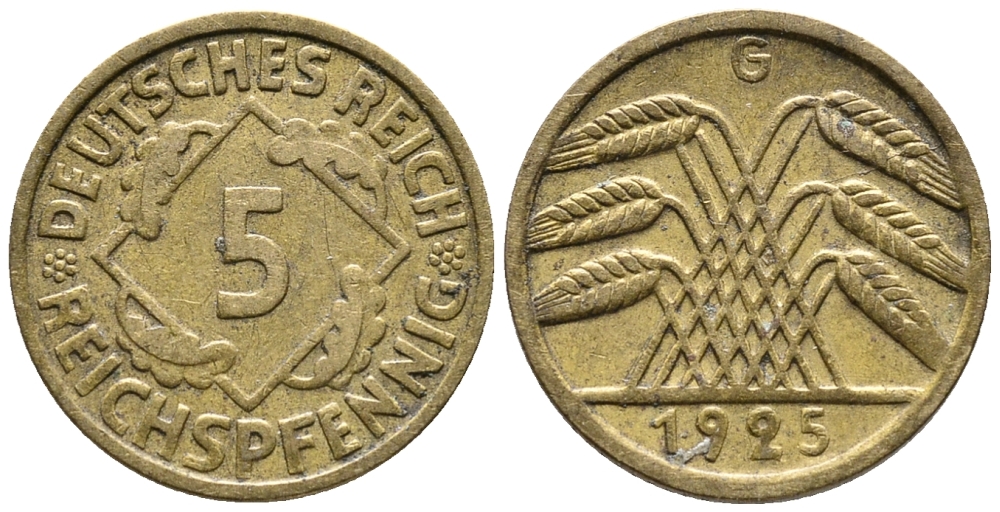 ГЕРМАНИЯ 5 РЕЙХСПФЕННИГОВ 1925 G KM 39, J. 316 алюминиевая бронза 39-537