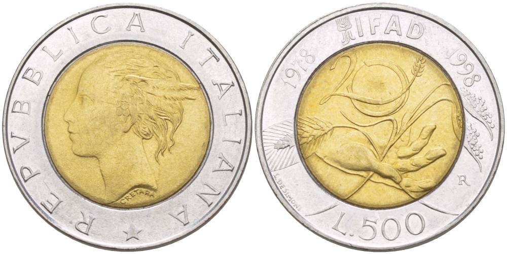 Италия 500 лир 1998 R, 20 лет программе FAO KM 193 биметалл 4551-557