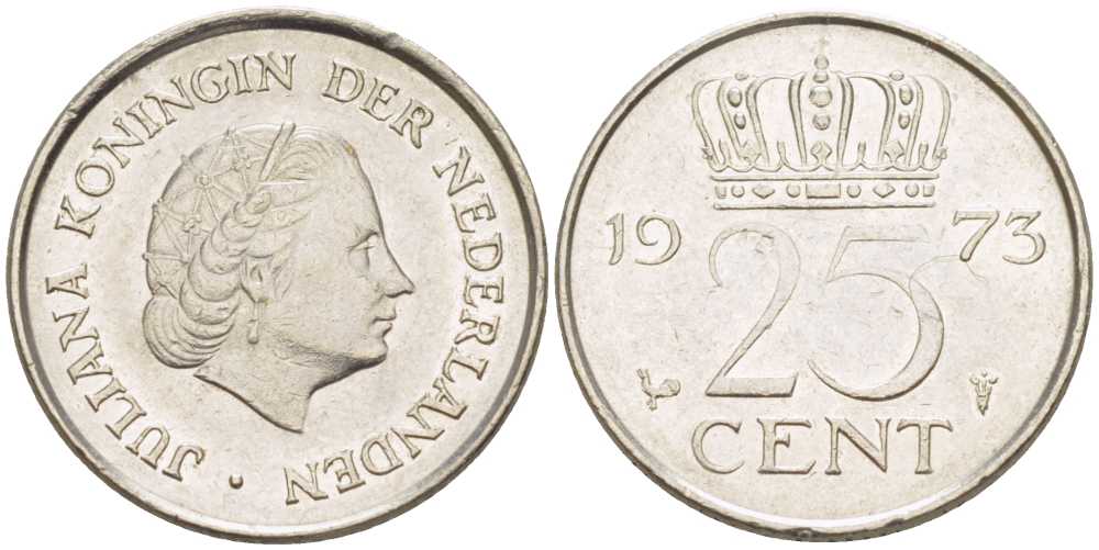НИДЕРЛАНДЫ 25 ЦЕНТОВ 1973 ЮЛИАНА (1948-1980) KM 183 никель 214-967