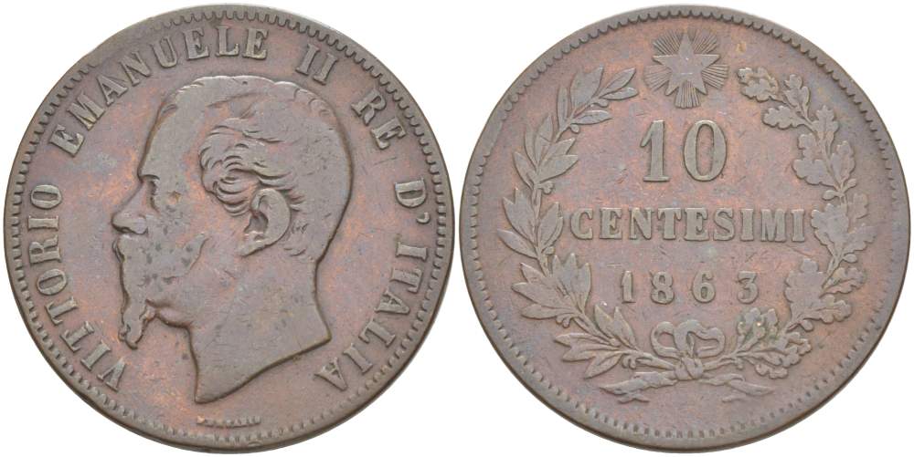 ИТАЛИЯ 10 ЧЕНТЕЗИМО 1863 МОНДВОР ПАРИЖ, ВИКТОР ЭММАНУИЛ II (1861-1878) KM 11.2 медь 4526-732