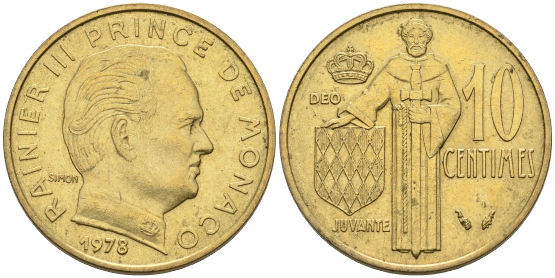 Монако 10 сантимов 1978 Ренье III (1949-2005) KM 142 алюминиевая бронза 4567-627