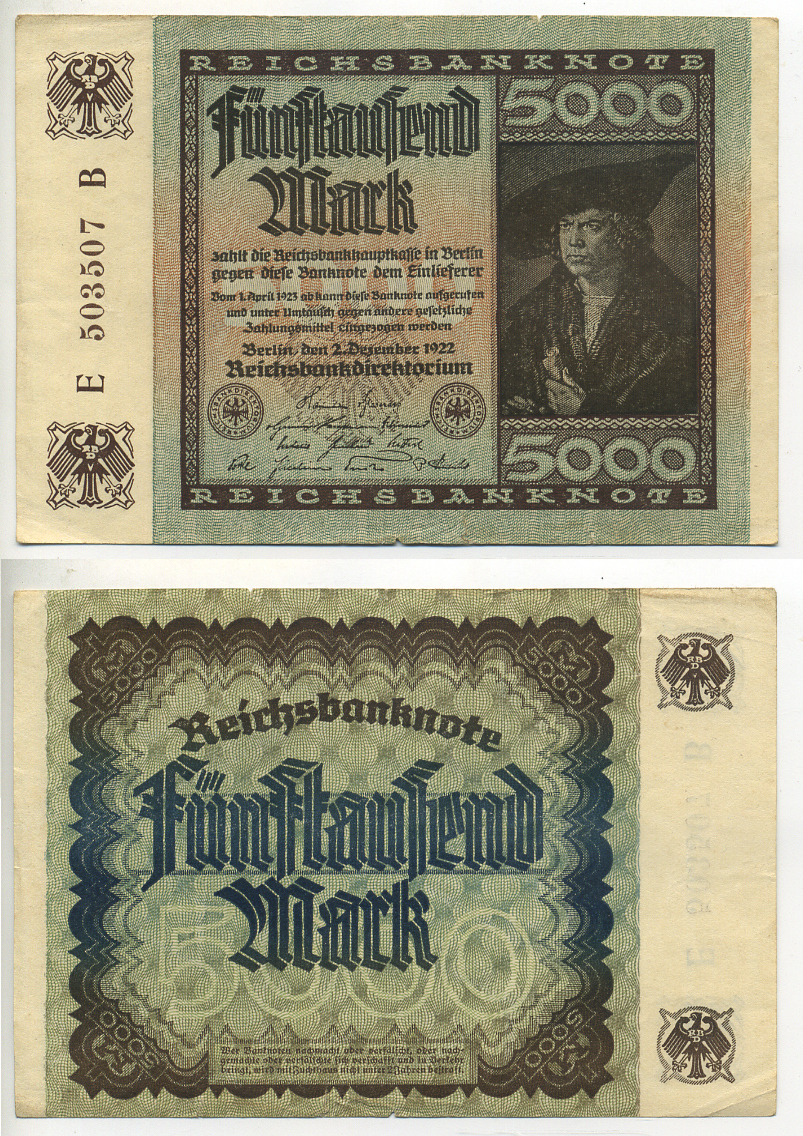 ГЕРМАНИЯ 5000 МАРОК 1922 2 ДЕКАБРЯ 1922, ВОДЯНОЙ ЗНАК Е, В ЗВЁЗДАХ G/D, ДЮРЕР Pick 81а бумага 7552-49-1