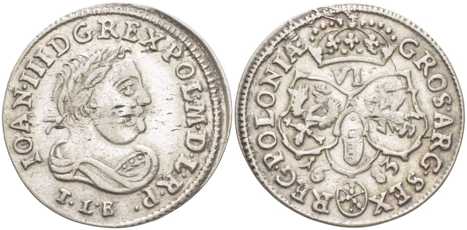 ПОЛЬША (ЛИТВА) 6 ГРОШЕЙ 1683 T.L.B., ЯН III СОБЕСКИЙ (1674-1696) KM 128 серебро 3896-1523