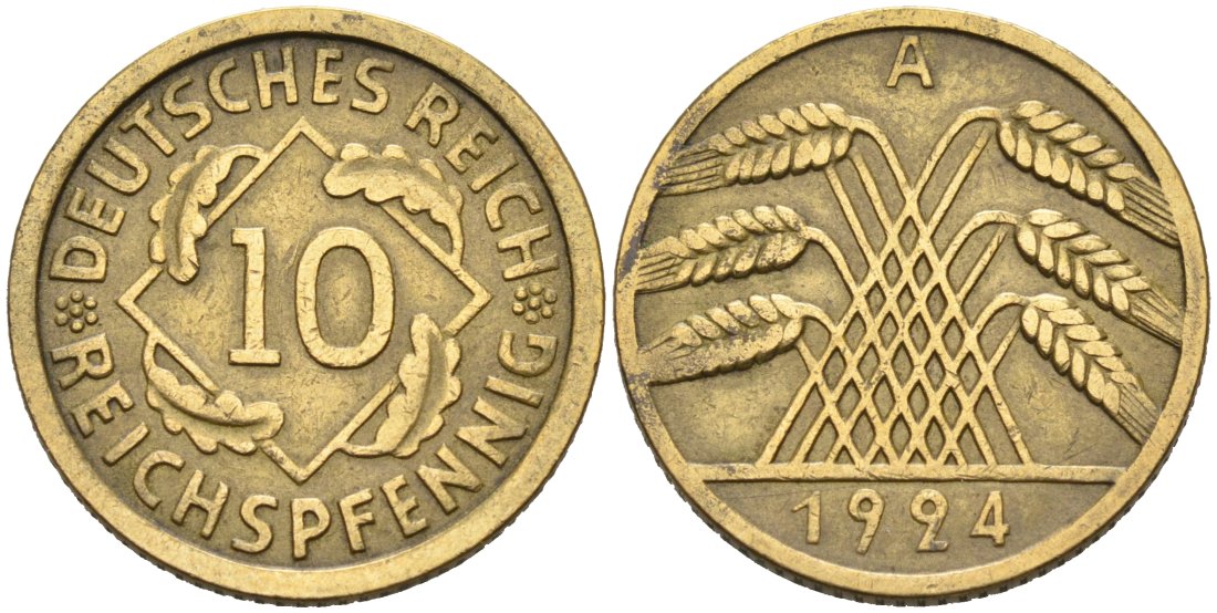 Германия 10 рейхспфеннигов 1924 A KM 40, J.317, Weege 9 алюминиевая бронза 46-728