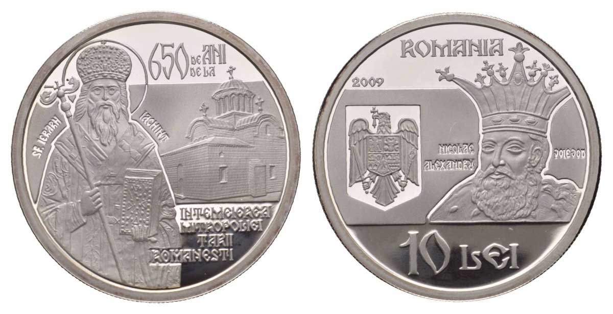 Румыния 10 леев 2009 650 лет первому митрополиту Валахии, тираж 500 экземпляров KM 252 серебро PROOF 11-161-22